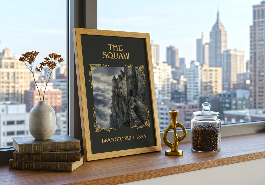 The Squaw Classic Book Art Print by Bram Stoker – framed print on a city-view windowsill
