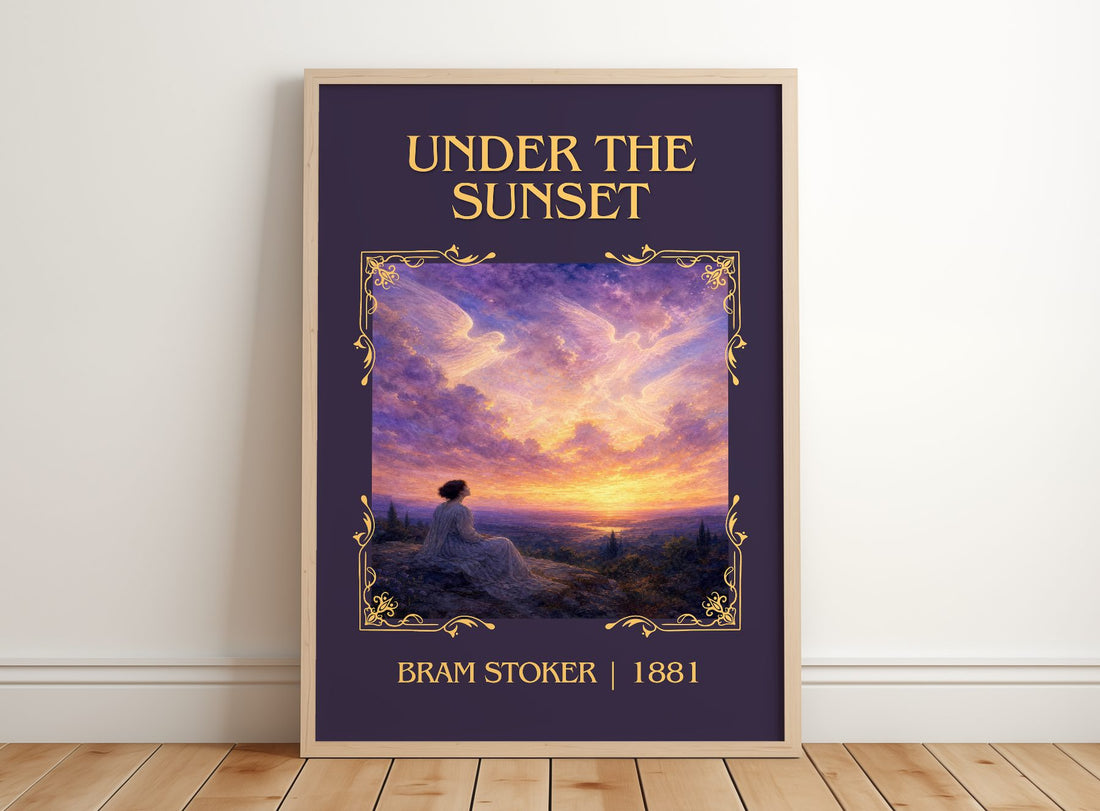 Under The Sunset Classic Book Art Print by Bram Stoker – framed print leaning on a wooden floor