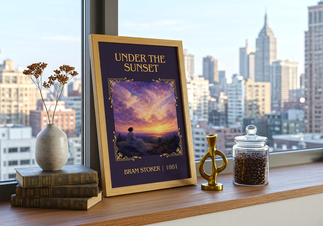 Under The Sunset Classic Book Art Print by Bram Stoker – framed print on a city-view windowsill