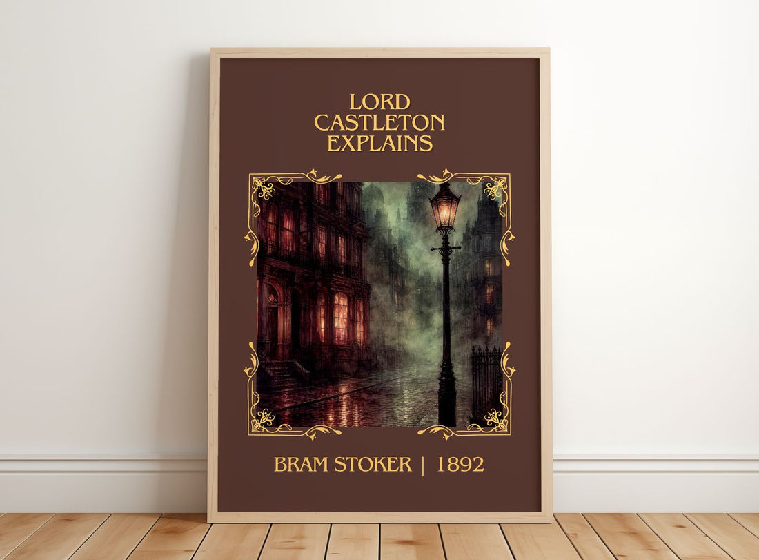 Lord Castleton Explains Classic Book Art Print by Bram Stoker – framed print leaning on a wooden floor