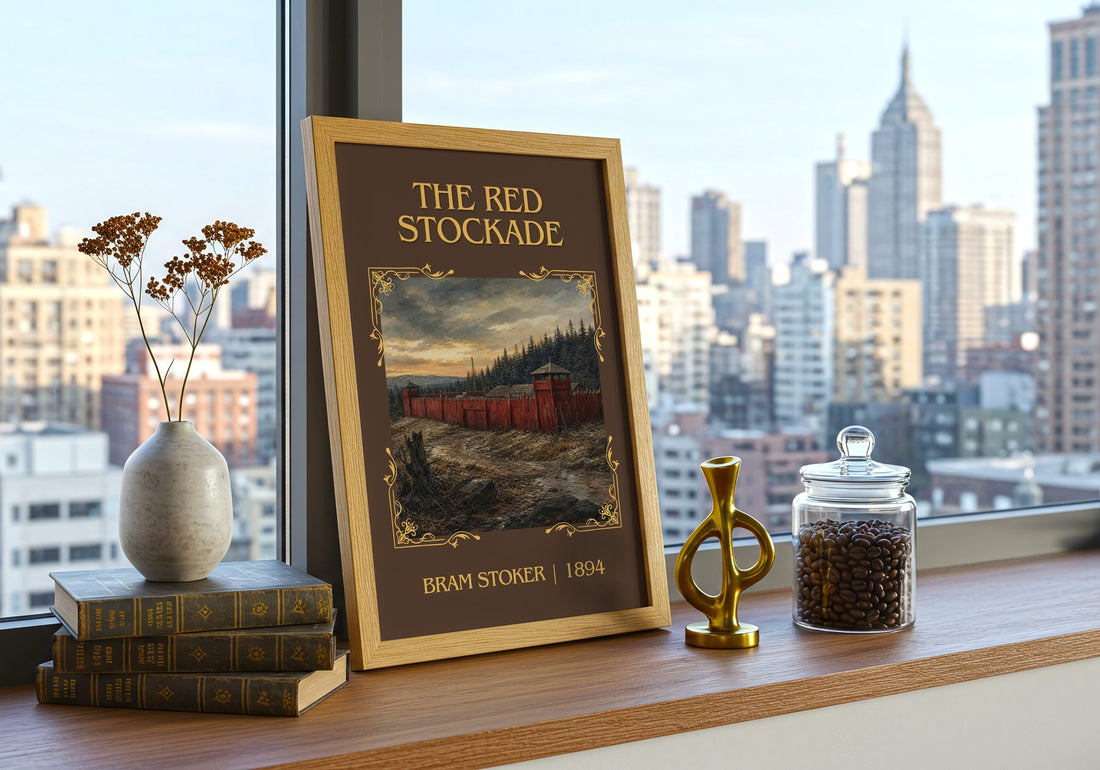 The Red Stockade Classic Book Art Print by Bram Stoker – framed print on a city-view windowsill
