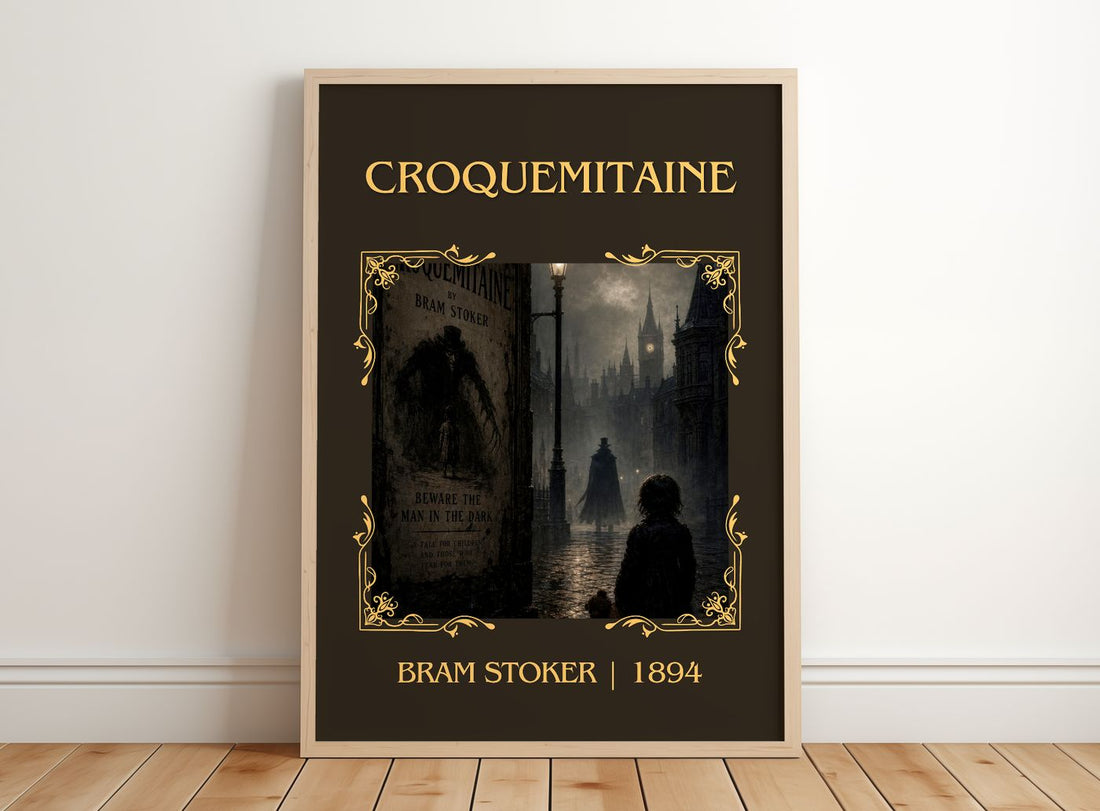 Croquemitaine Classic Book Art Print by Bram Stoker – framed print leaning on a wooden floor
