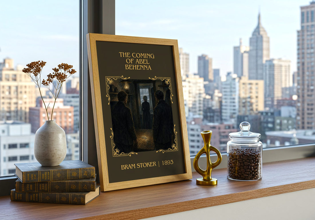 The Coming Of Abel Behenna Classic Book Art Print by Bram Stoker – framed print on a city-view windowsill