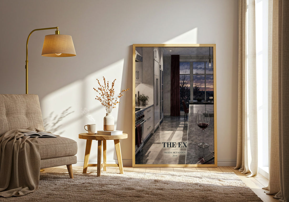 The Ex watercolour print in frame leaning in hallway – thriller wall art (mockup)