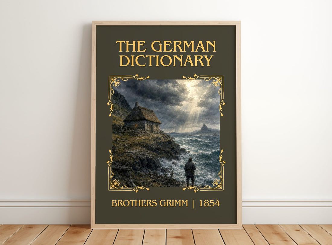 The German Dictionary Classic Book Art Print by Brothers Grimm – framed print leaning on a wooden floor