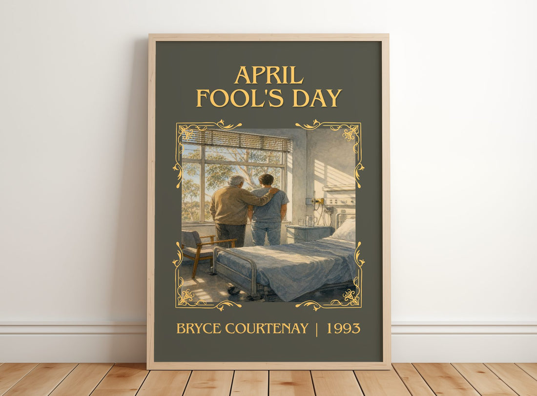 April Fool'S Day Classic Book Art Print by Bryce Courtenay – framed print leaning on a wooden floor