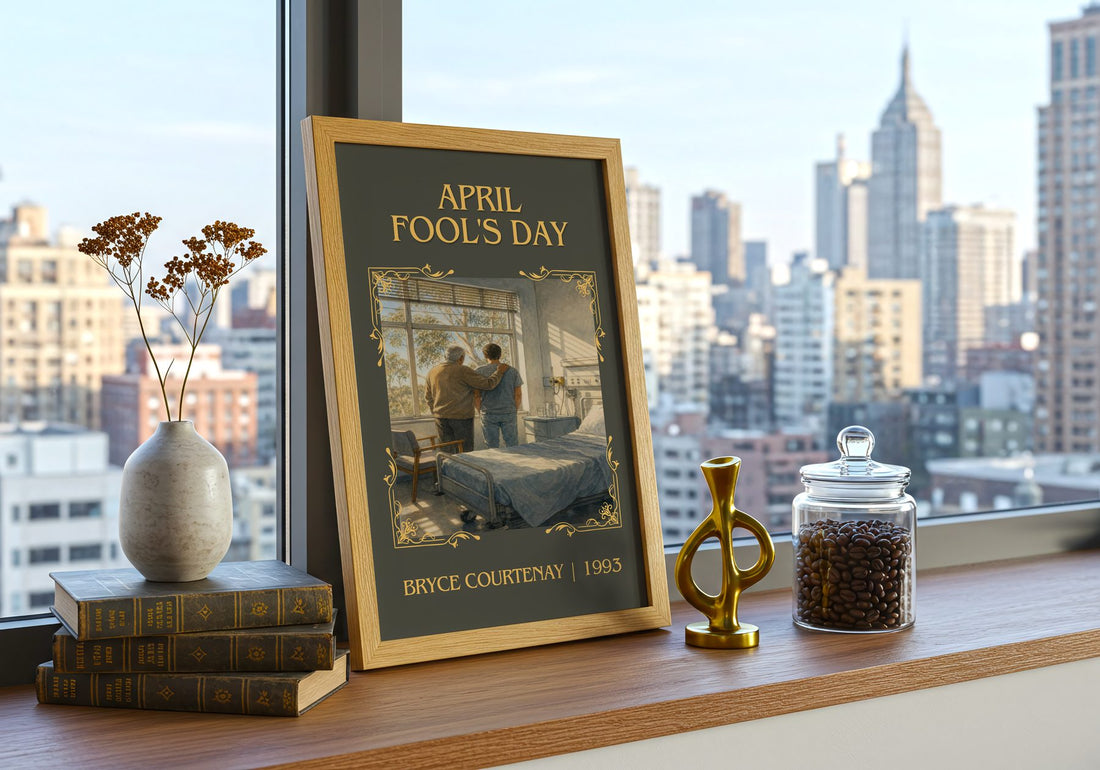 April Fool'S Day Classic Book Art Print by Bryce Courtenay – framed print on a city-view windowsill