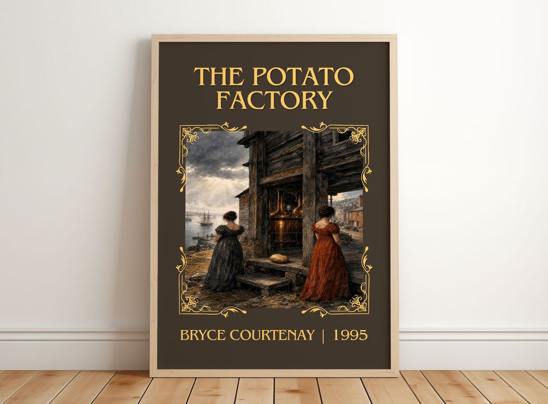 The Potato Factory Classic Book Art Print by Bryce Courtenay – framed print leaning on a wooden floor