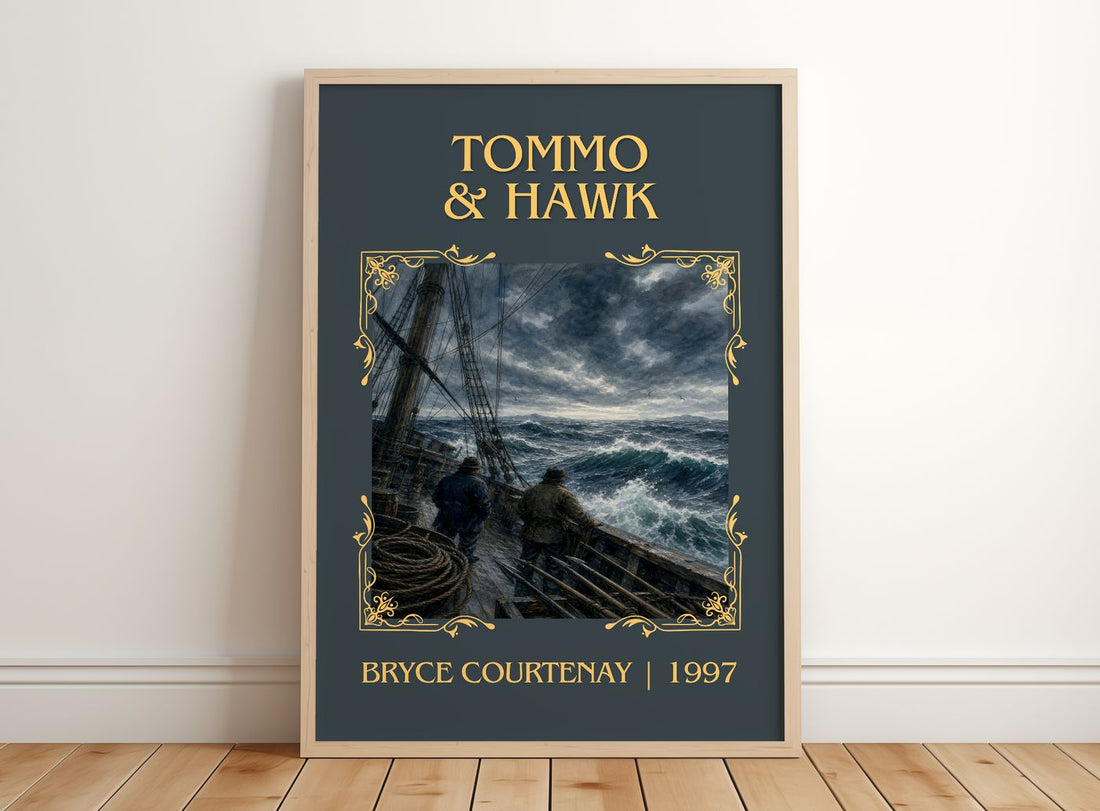 Tommo & Hawk Classic Book Art Print by Bryce Courtenay – framed print leaning on a wooden floor