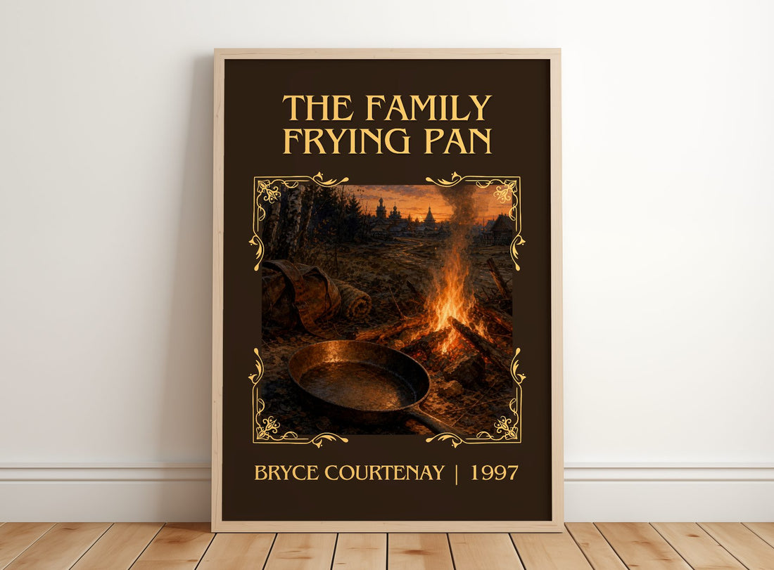The Family Frying Pan Classic Book Art Print by Bryce Courtenay – framed print leaning on a wooden floor