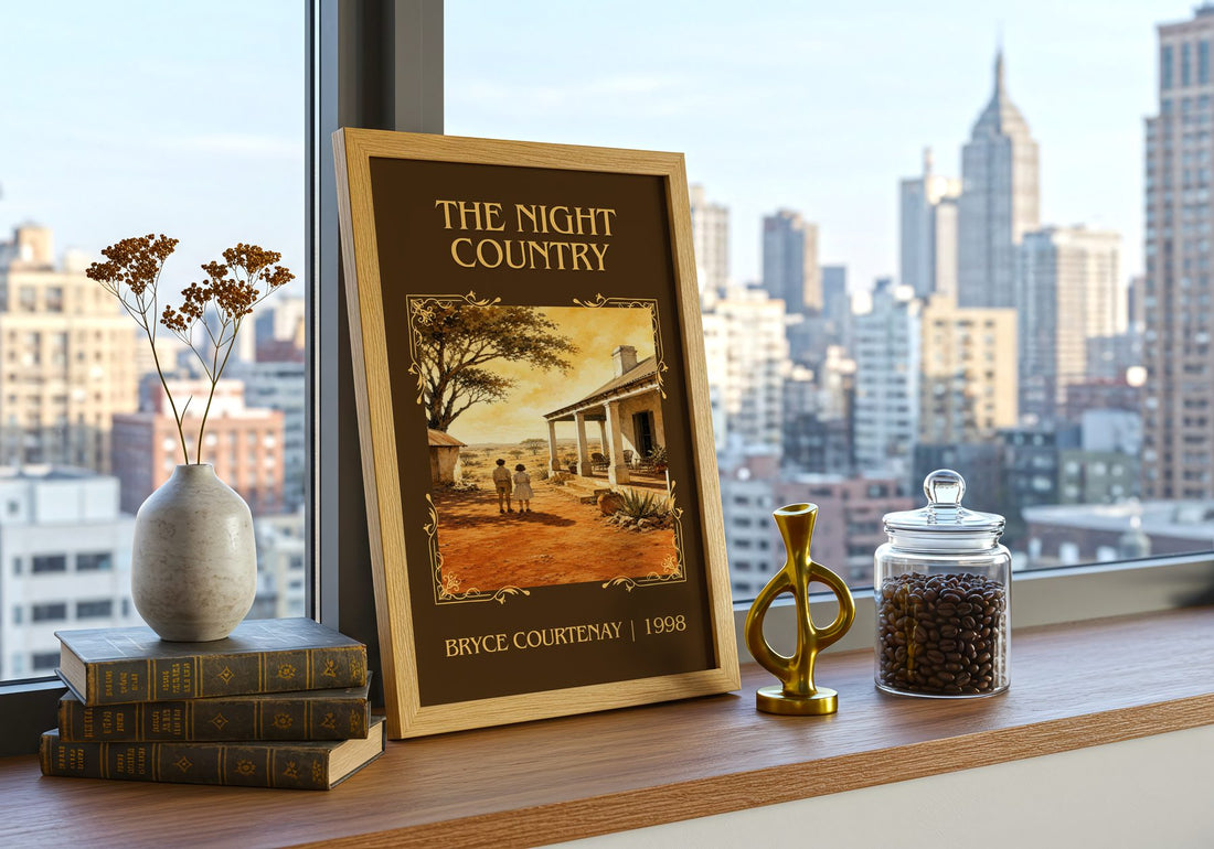 The Night Country Classic Book Art Print by Bryce Courtenay – framed print on a city-view windowsill