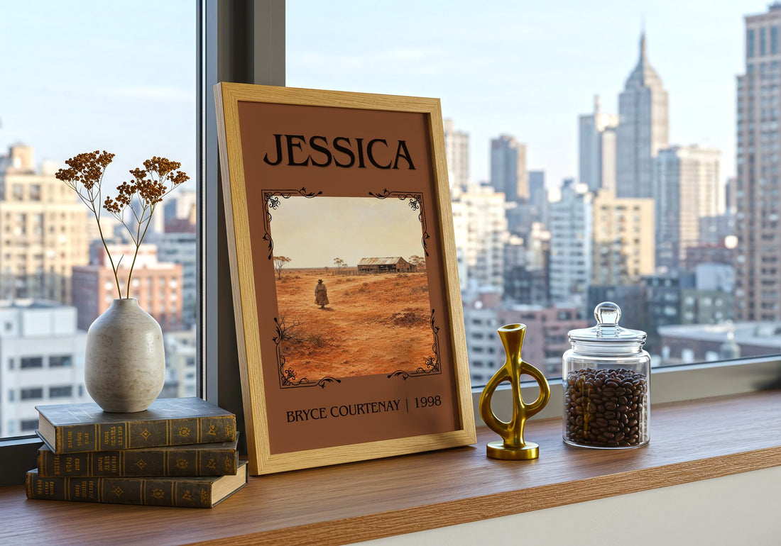 Jessica Classic Book Art Print by Bryce Courtenay – framed print on a city-view windowsill