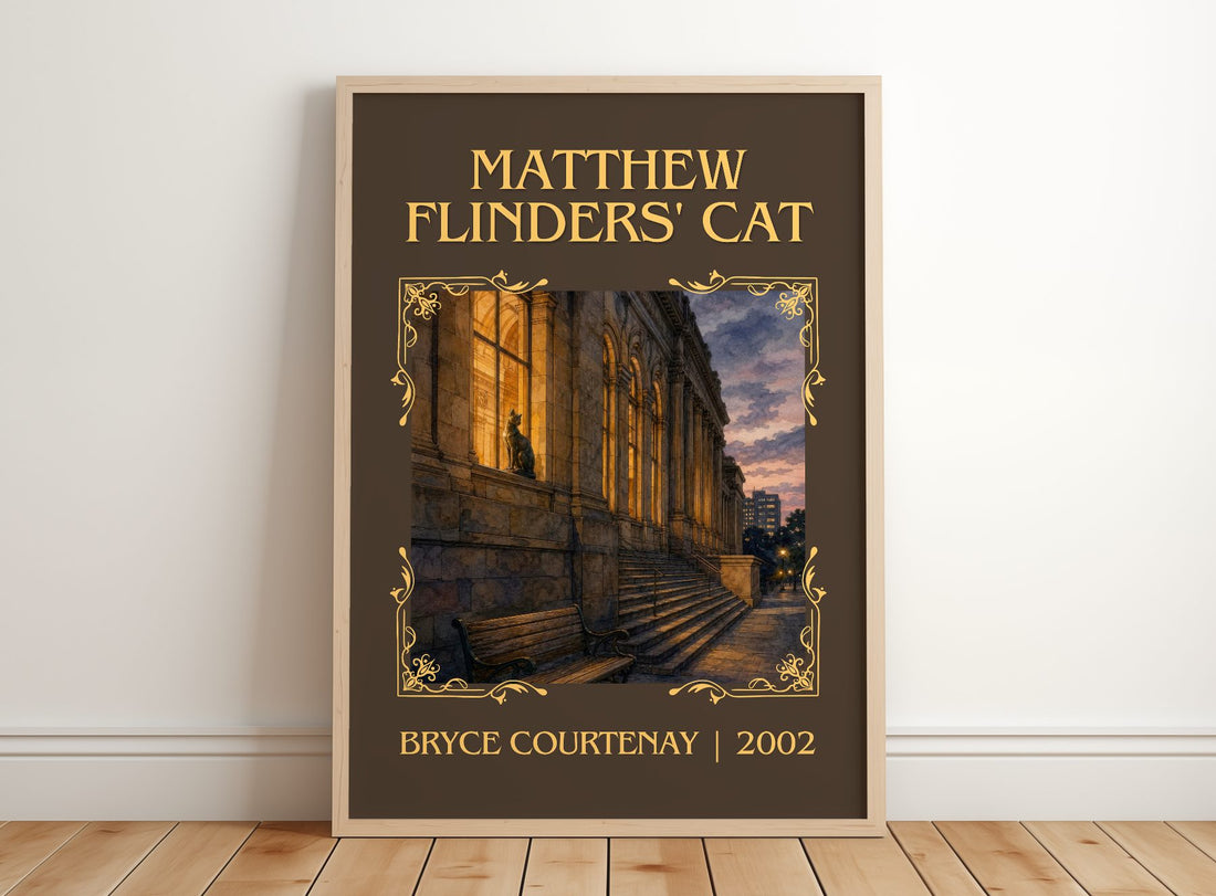 Matthew Flinders' Cat Classic Book Art Print by Bryce Courtenay – framed print leaning on a wooden floor