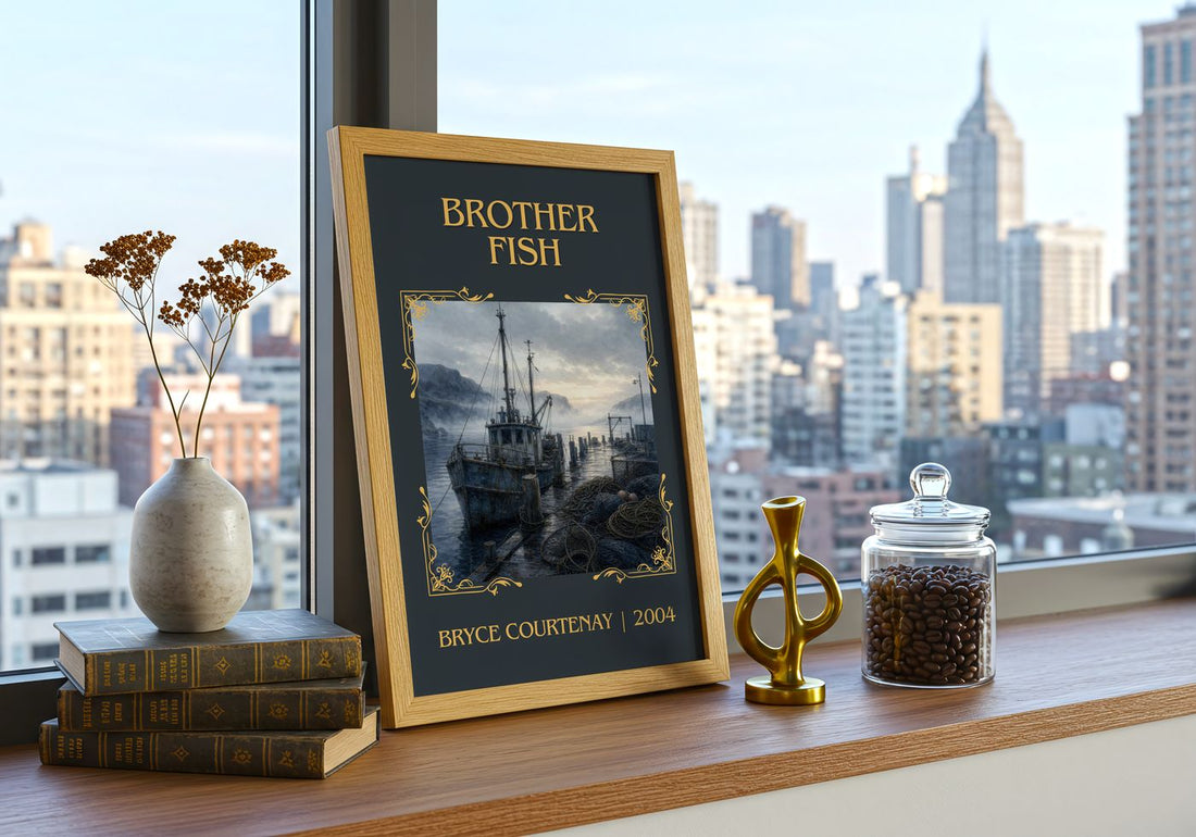 Brother Fish Classic Book Art Print by Bryce Courtenay – framed print on a city-view windowsill