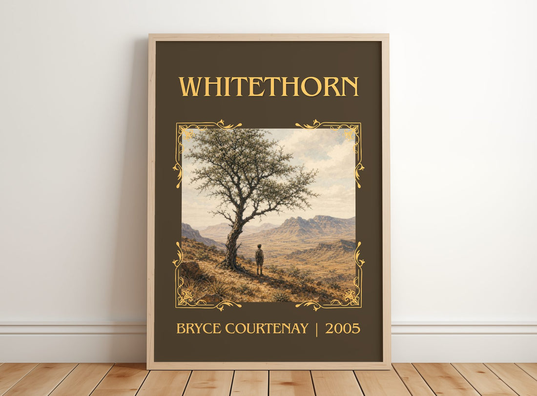 Whitethorn Classic Book Art Print by Bryce Courtenay – framed print leaning on a wooden floor