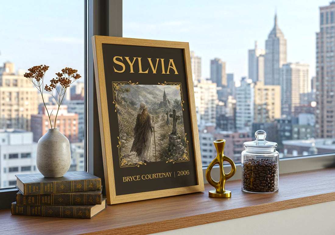 Sylvia Classic Book Art Print by Bryce Courtenay – framed print on a city-view windowsill