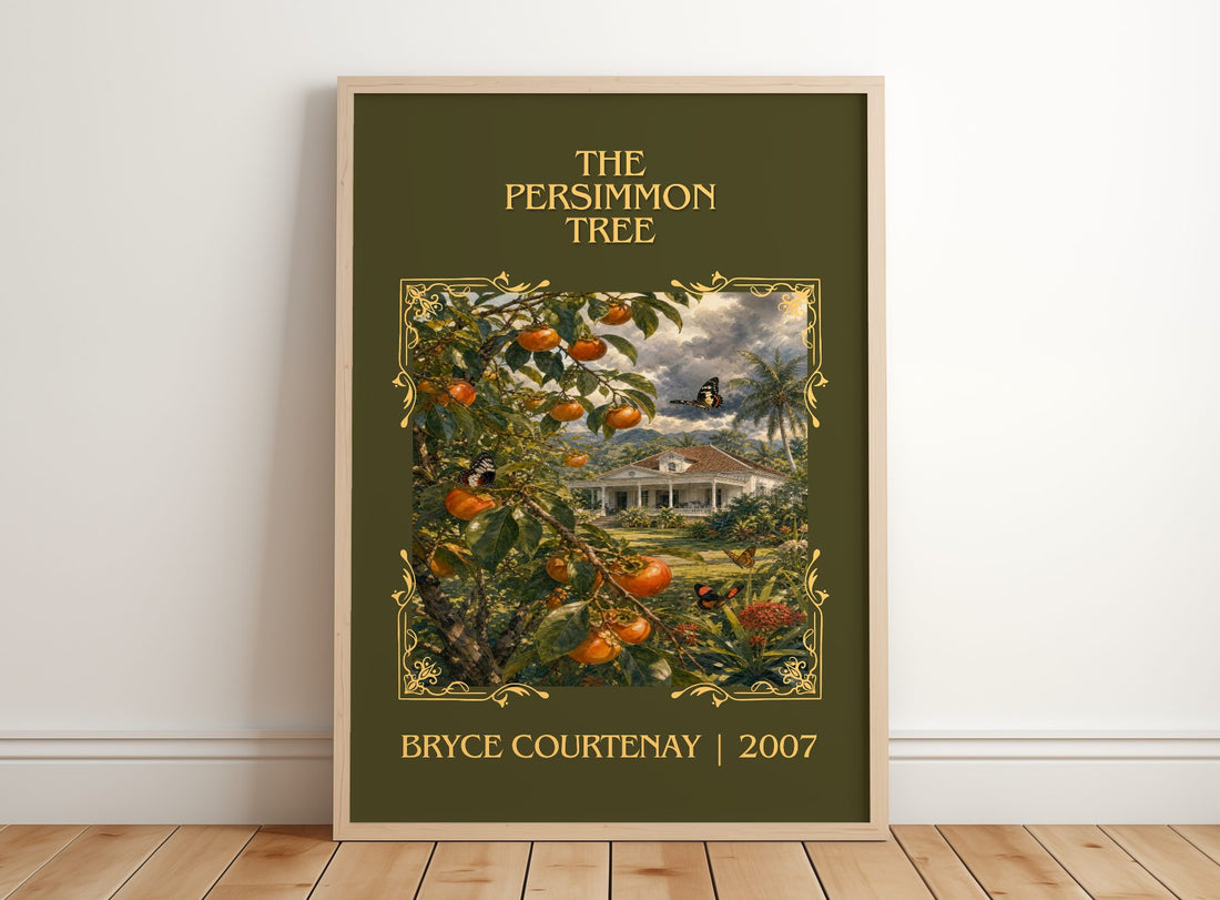 The Persimmon Tree Classic Book Art Print by Bryce Courtenay – framed print leaning on a wooden floor