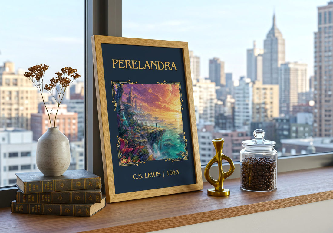 Perelandra Classic Book Art Print by C.S. Lewis – framed print on a city-view windowsill