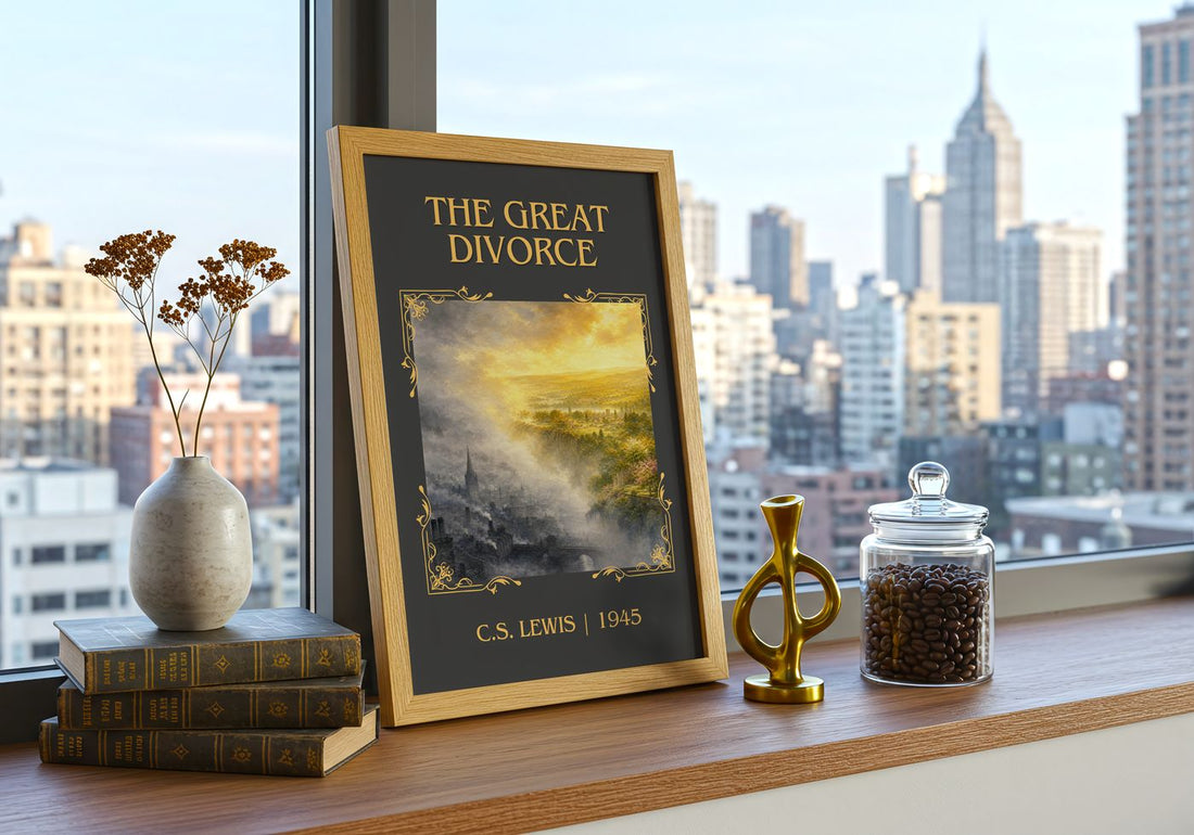 The Great Divorce Classic Book Art Print by C.S. Lewis – framed print on a city-view windowsill