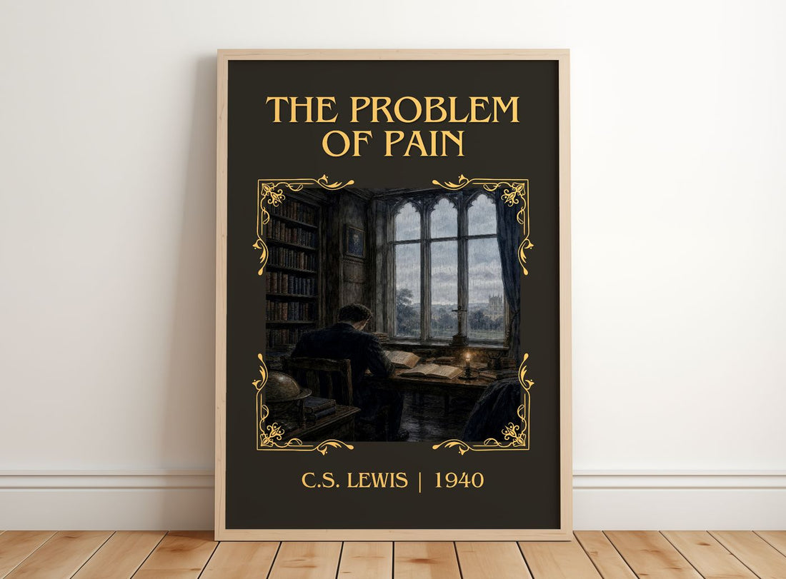 The Problem Of Pain Classic Book Art Print by C.S. Lewis – framed print leaning on a wooden floor