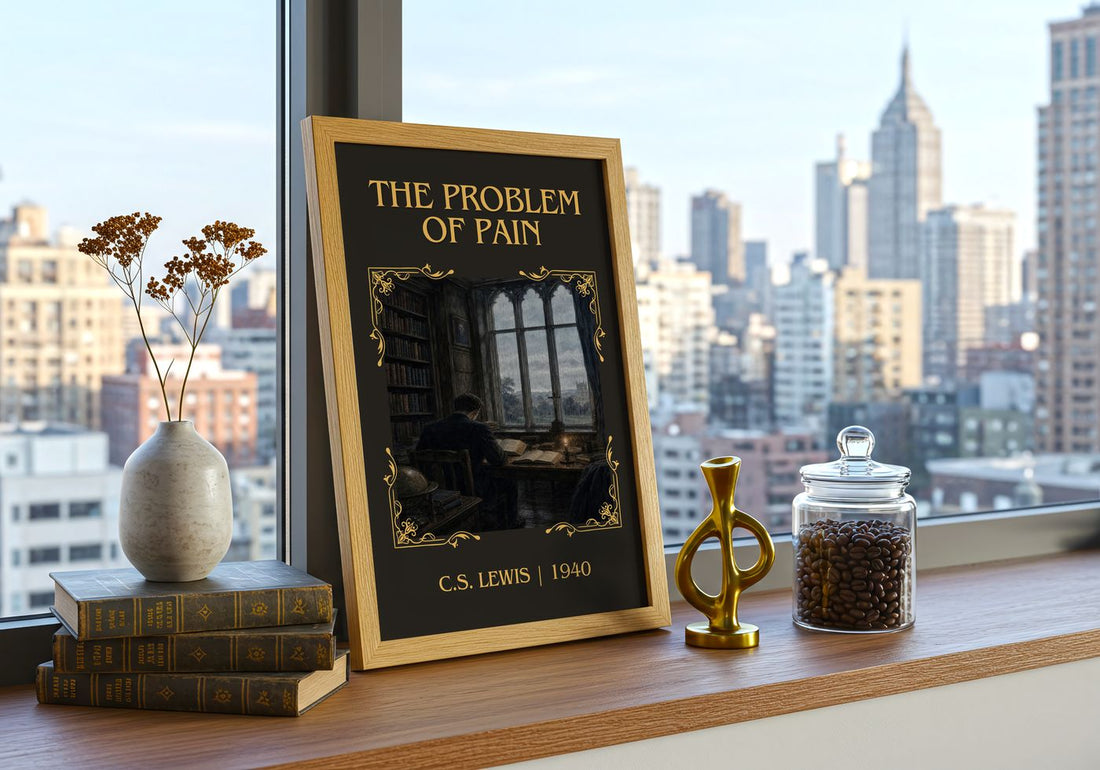 The Problem Of Pain Classic Book Art Print by C.S. Lewis – framed print on a city-view windowsill