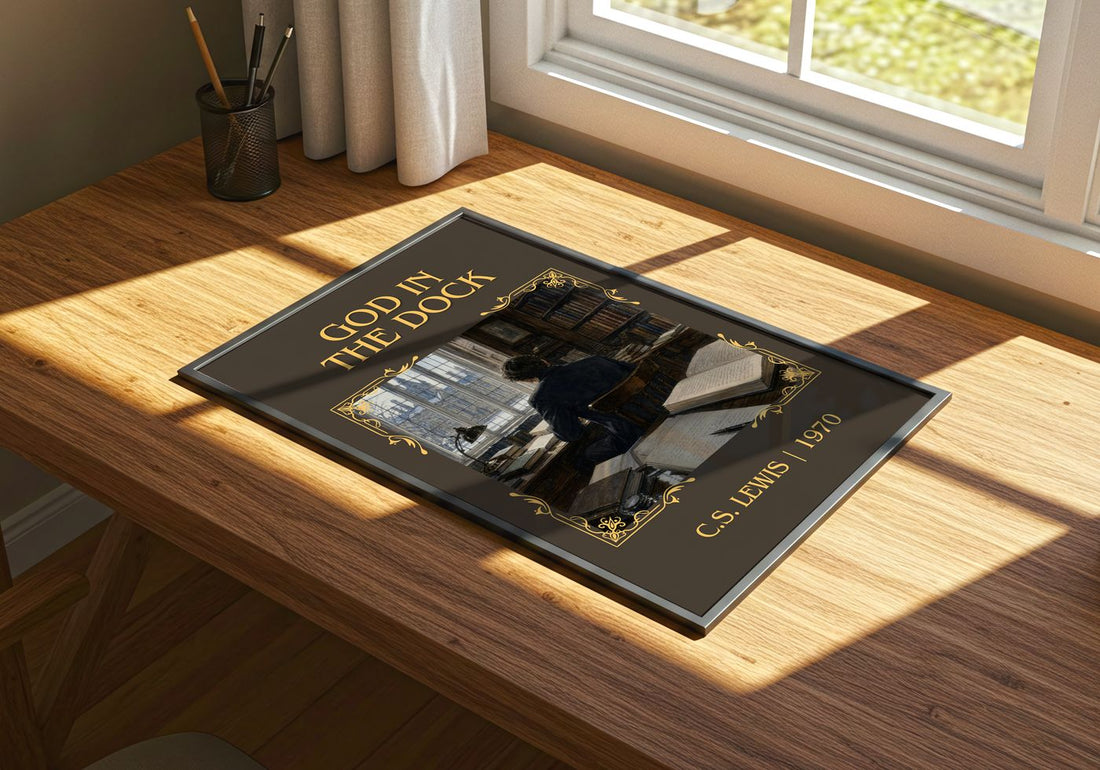 God In The Dock Classic Book Art Print by C.S. Lewis – print on a sunlit desk