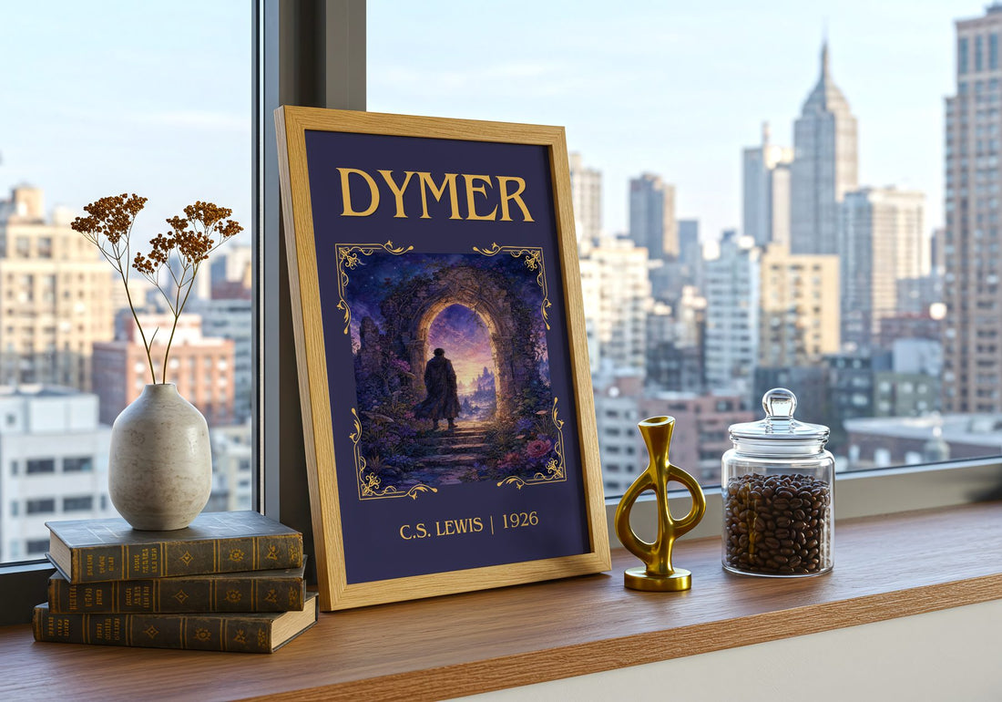 Dymer Classic Book Art Print by C.S. Lewis – framed print on a city-view windowsill