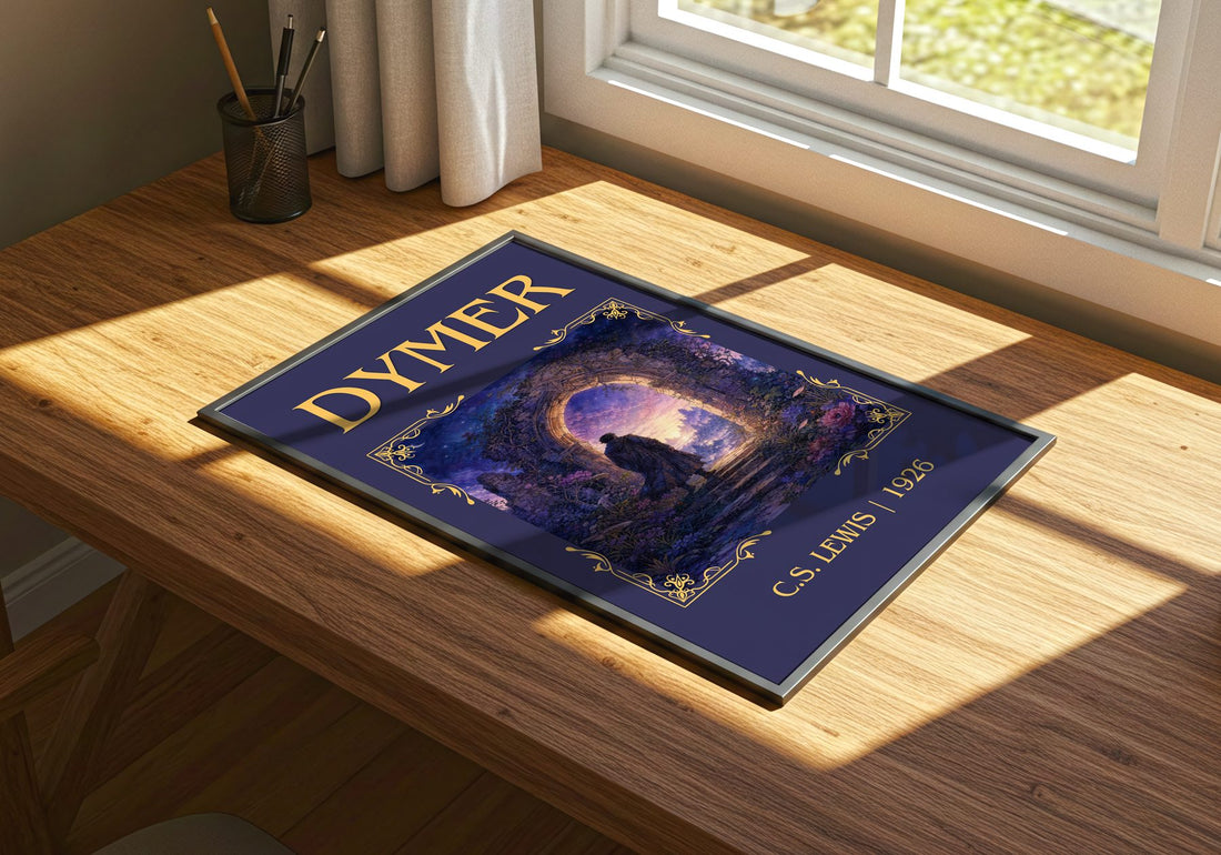 Dymer Classic Book Art Print by C.S. Lewis – print on a sunlit desk
