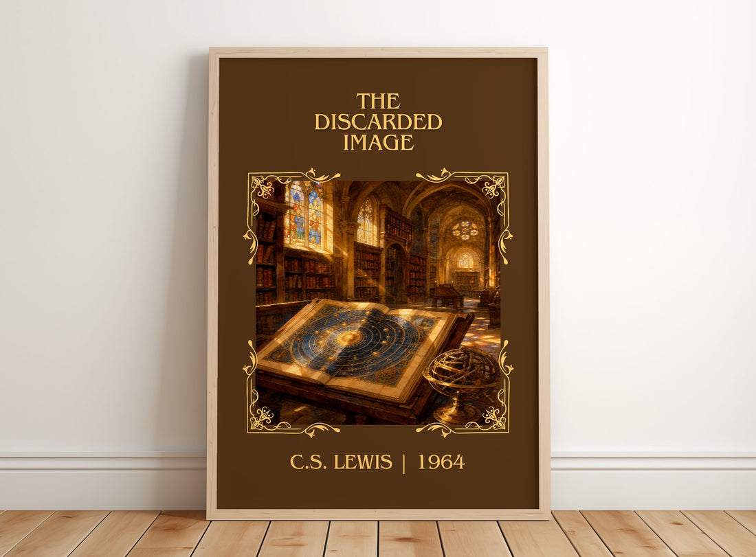The Discarded Image Classic Book Art Print by C.S. Lewis – framed print leaning on a wooden floor