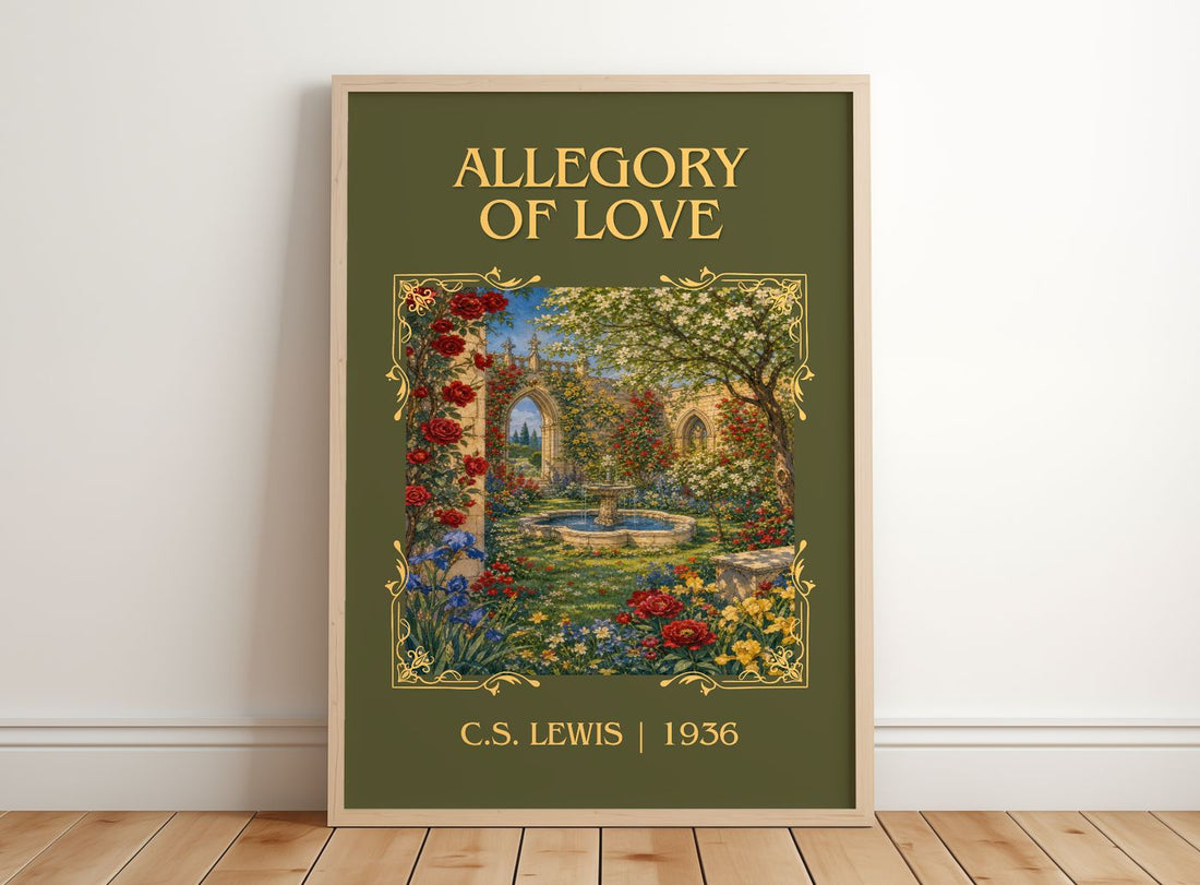Allegory Of Love Classic Book Art Print by C.S. Lewis – framed print leaning on a wooden floor