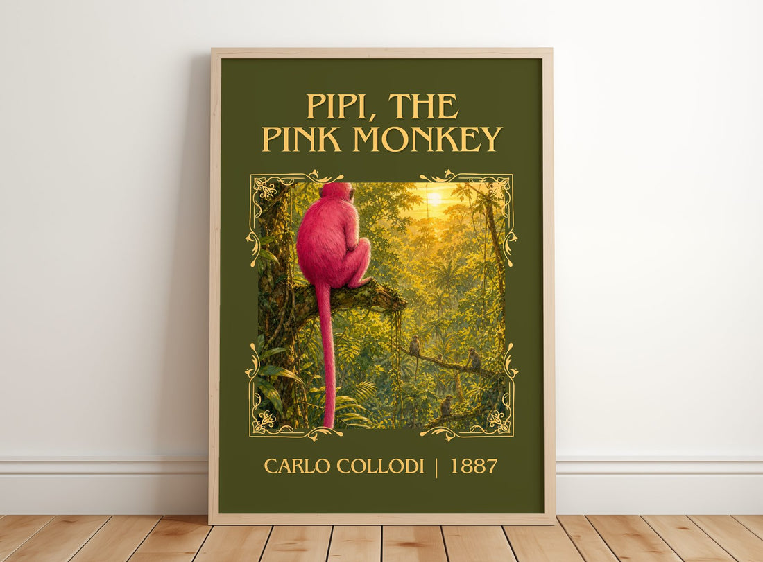 Pipi, The Pink Monkey Classic Book Art Print by Carlo Collodi – framed print leaning on a wooden floor