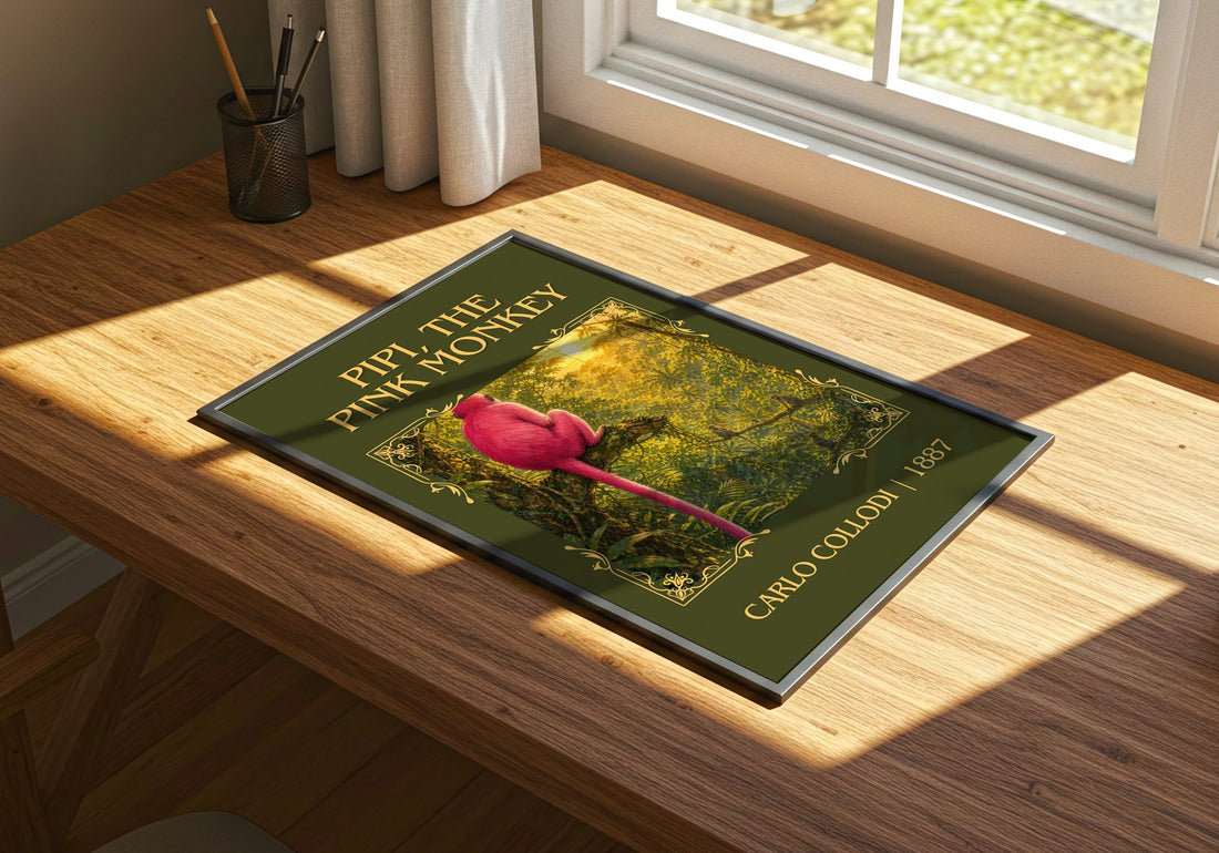 Pipi, The Pink Monkey Classic Book Art Print by Carlo Collodi – print on a sunlit desk