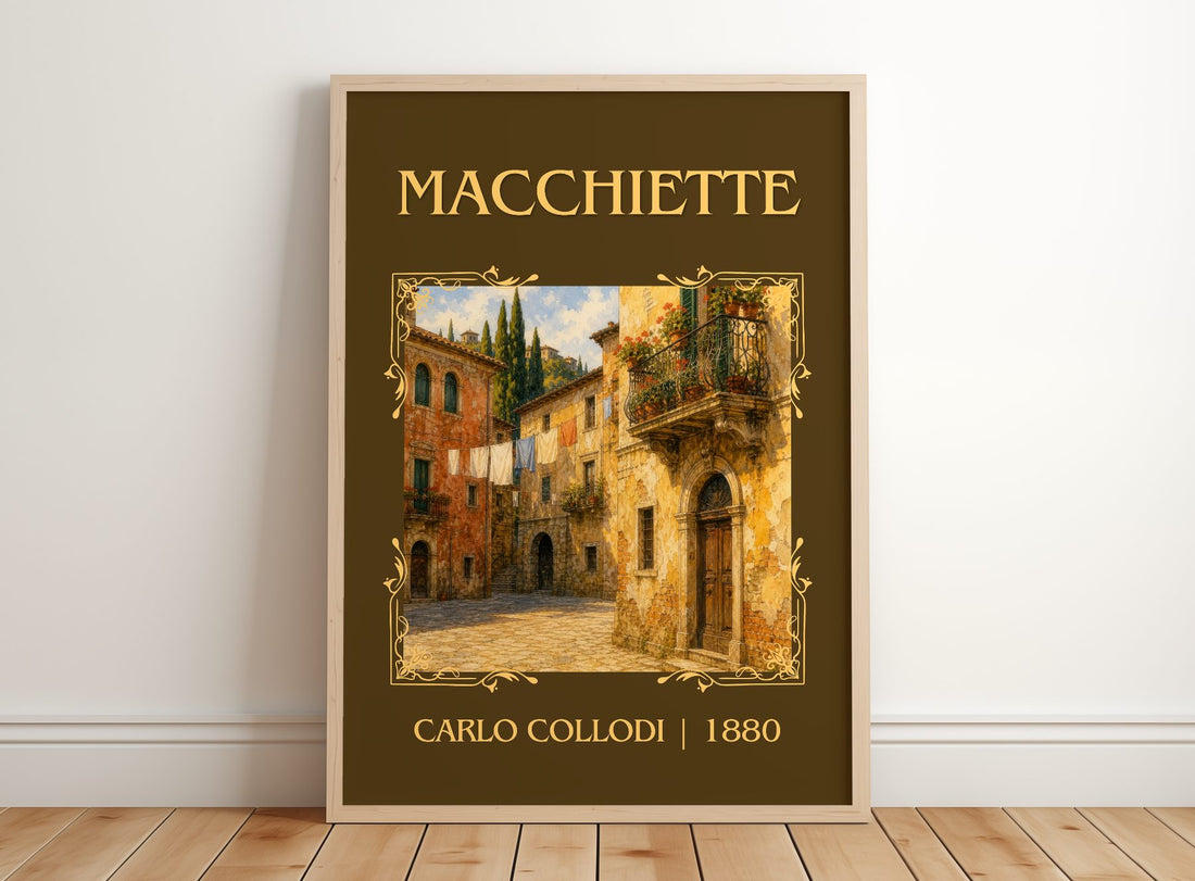 Macchiette Classic Book Art Print by Carlo Collodi – framed print leaning on a wooden floor