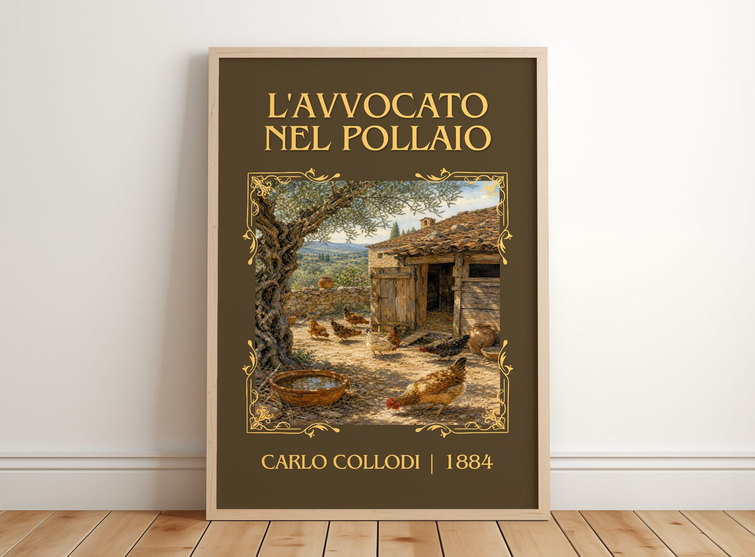 L'Avvocato Nel Pollaio Classic Book Art Print by Carlo Collodi – framed print leaning on a wooden floor