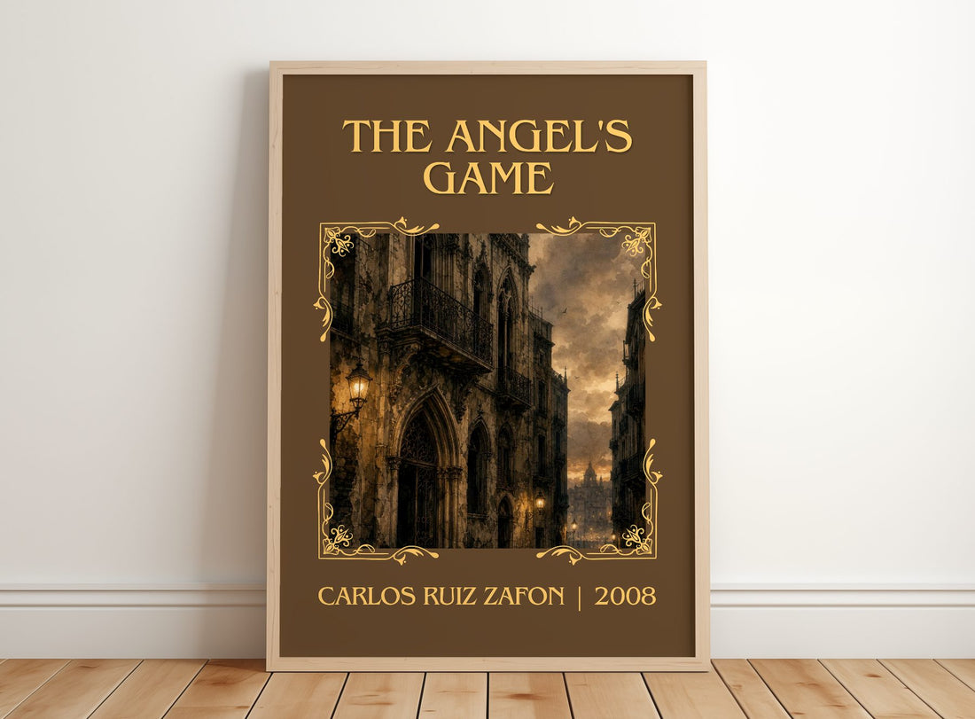 The Angel'S Game Classic Book Art Print by Carlos Ruiz Zafón – framed print leaning on a wooden floor