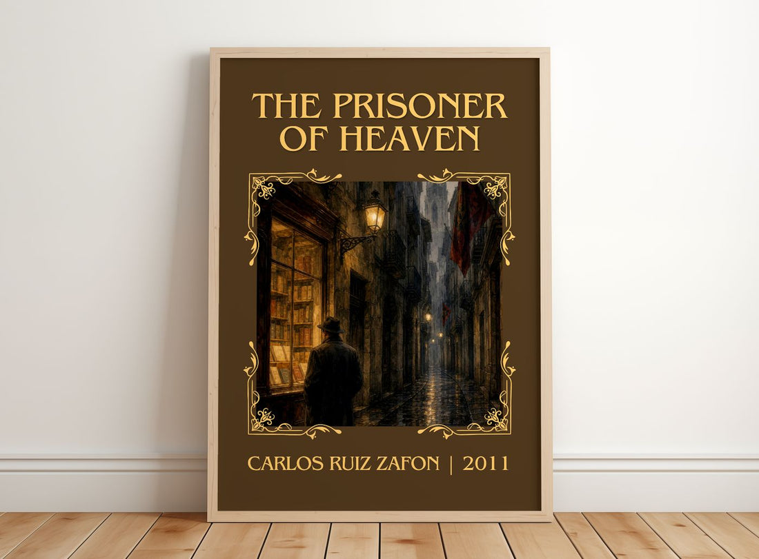 The Prisoner Of Heaven Classic Book Art Print by Carlos Ruiz Zafón – framed print leaning on a wooden floor
