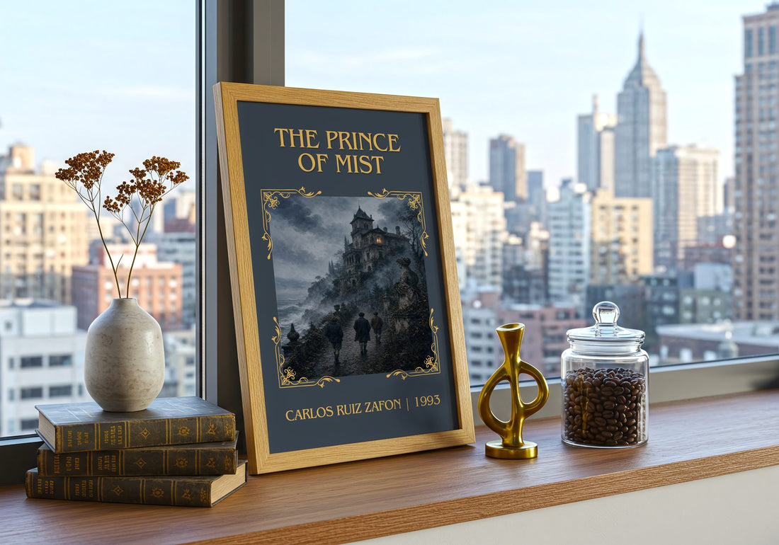 The Prince Of Mist Classic Book Art Print by Carlos Ruiz Zafón – framed print on a city-view windowsill