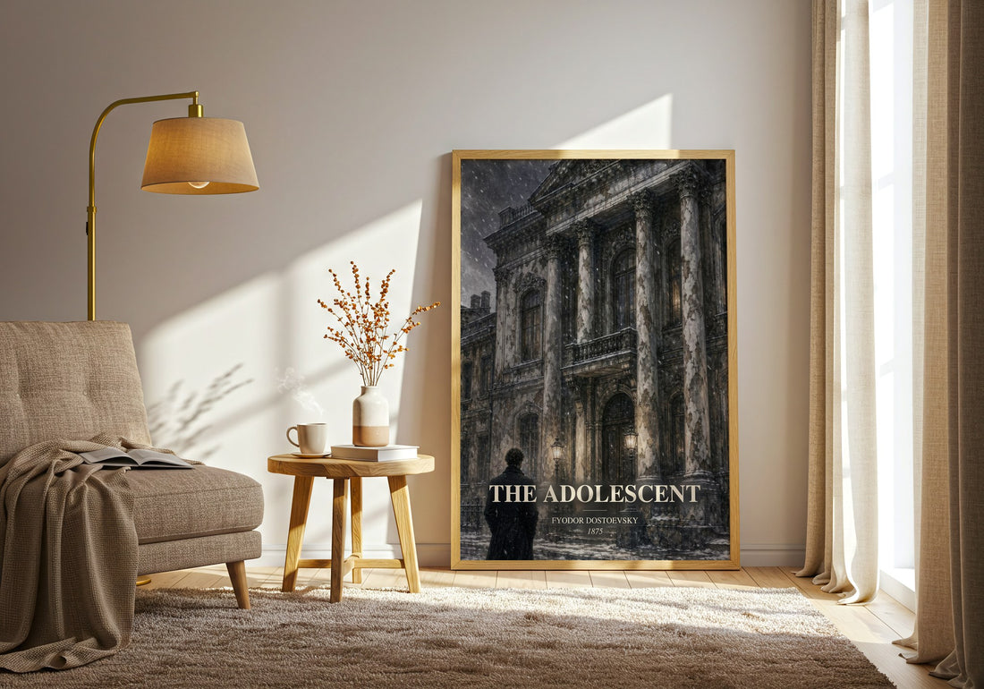 The Adolescent watercolour print in frame leaning in hallway – classic literature wall art (mockup)