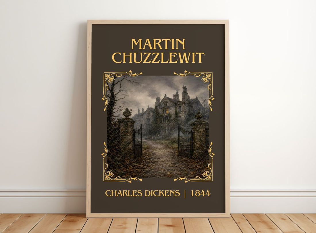 Martin Chuzzlewit Classic Book Art Print by Charles Dickens – framed print leaning on a wooden floor