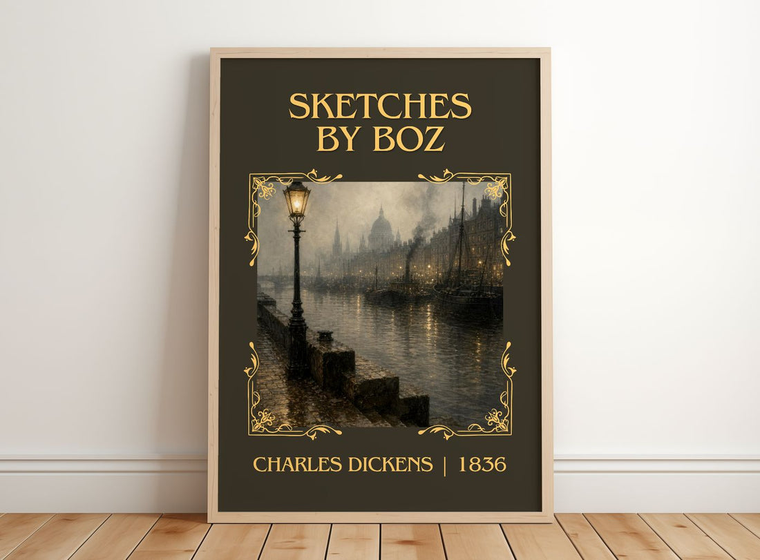 Sketches By Boz Classic Book Art Print by Charles Dickens – framed print leaning on a wooden floor