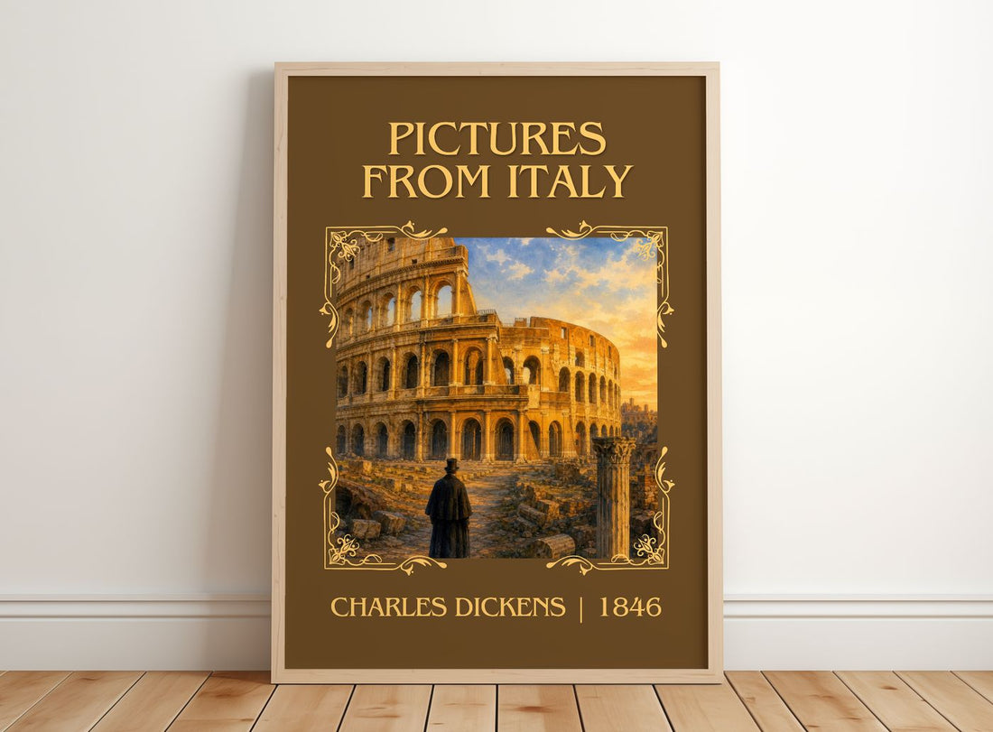 Pictures From Italy Classic Book Art Print by Charles Dickens – framed print leaning on a wooden floor