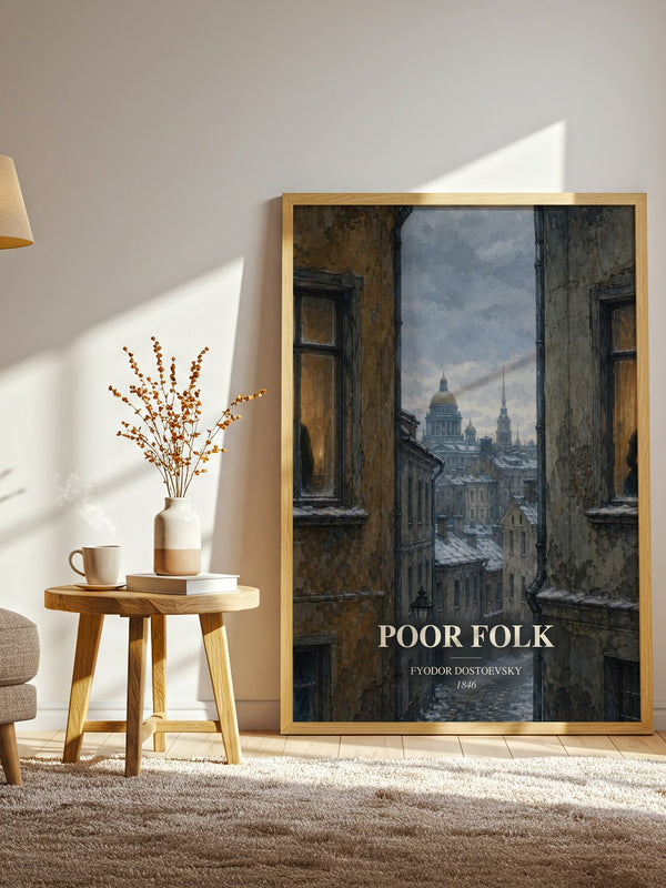 Poor Folk watercolour print in frame leaning in hallway – classic literature wall art