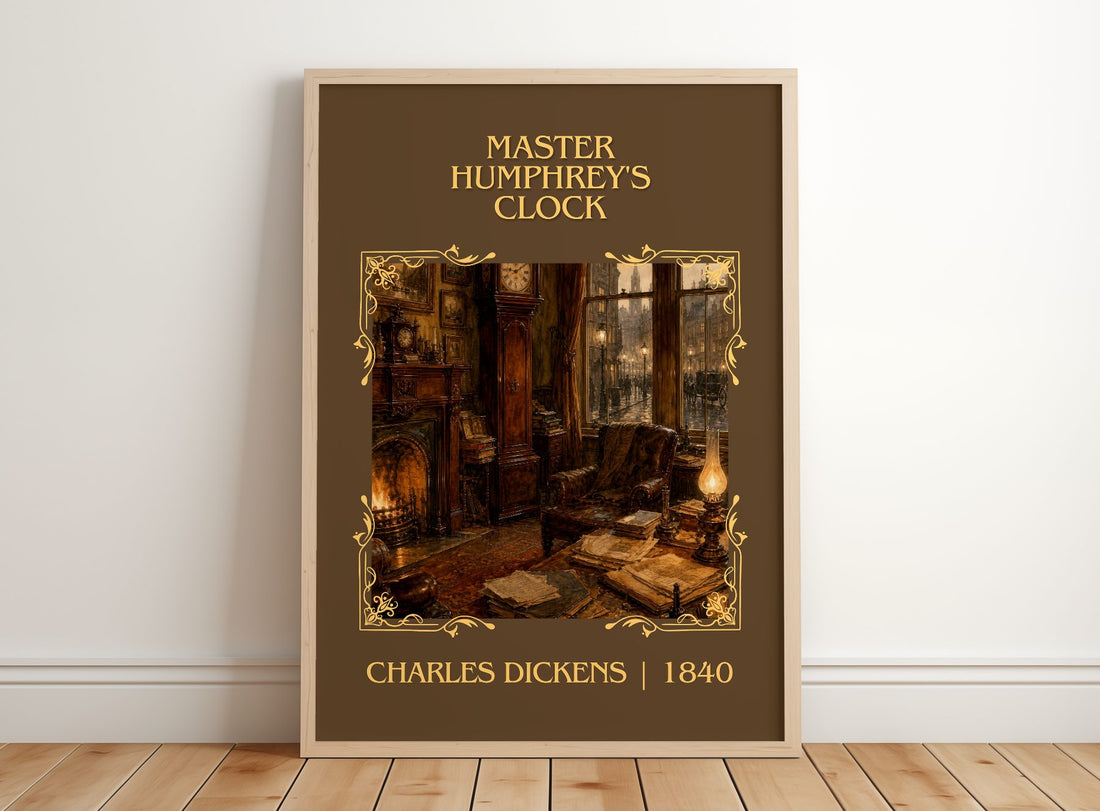 Master Humphrey'S Clock Classic Book Art Print by Charles Dickens – framed print leaning on a wooden floor