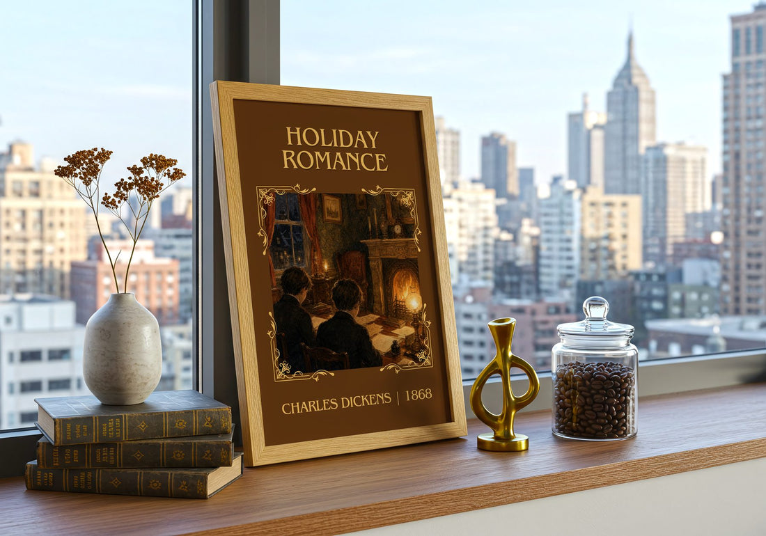 Holiday Romance Classic Book Art Print by Charles Dickens – framed print on a city-view windowsill