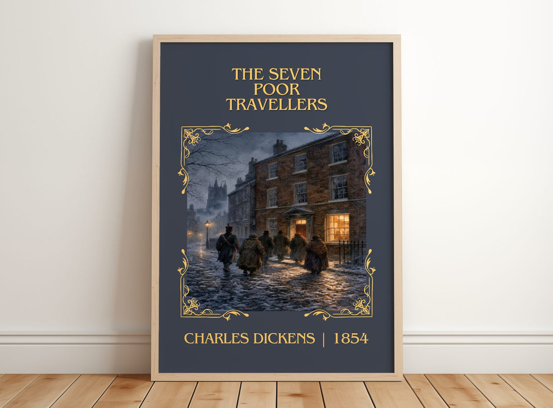The Seven Poor Travellers Classic Book Art Print by Charles Dickens – framed print leaning on a wooden floor