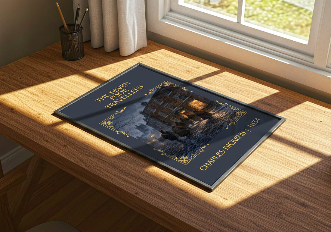 The Seven Poor Travellers Classic Book Art Print by Charles Dickens – print on a sunlit desk