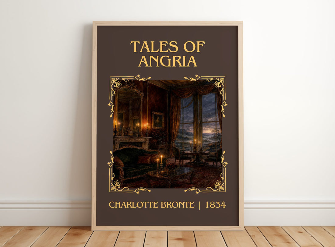 Tales Of Angria Classic Book Art Print by Charlotte Brontë – framed print leaning on a wooden floor