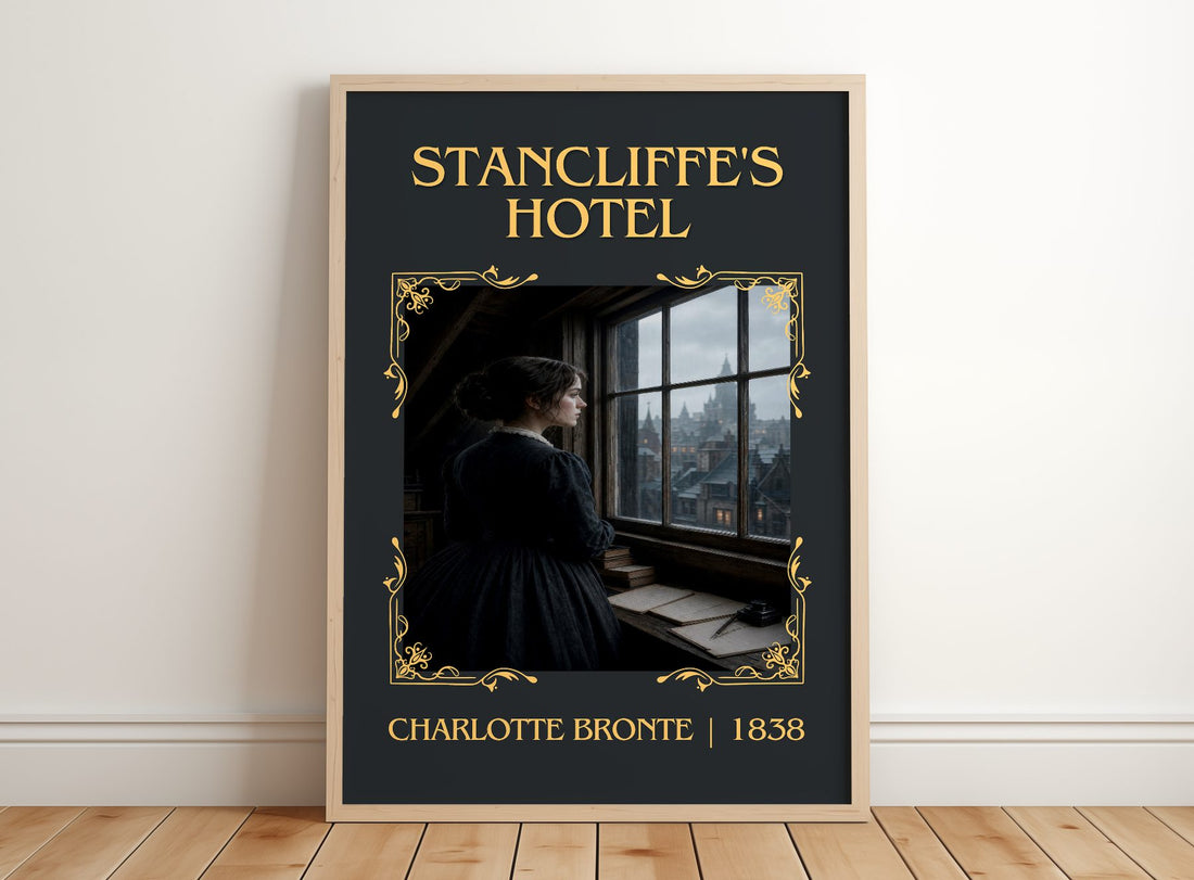 Stancliffe'S Hotel Classic Book Art Print by Charlotte Brontë – framed print leaning on a wooden floor