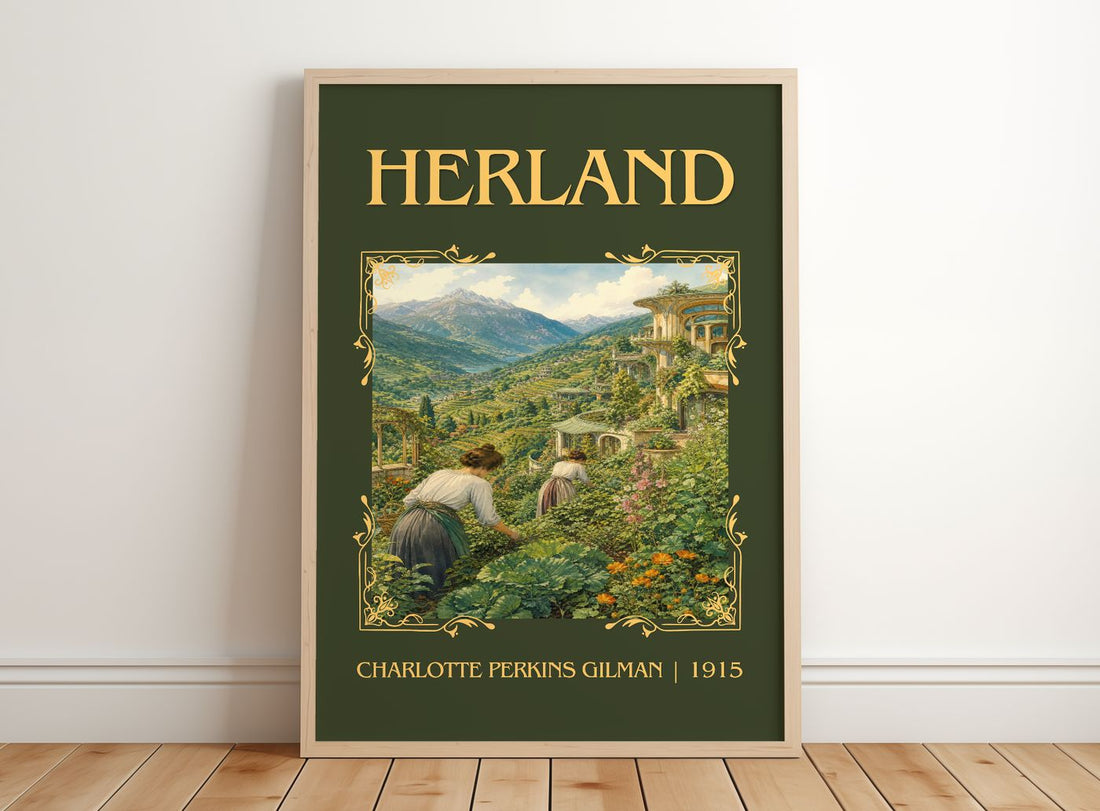 Herland Classic Book Art Print by Charlotte Perkins Gilman – framed print leaning on a wooden floor