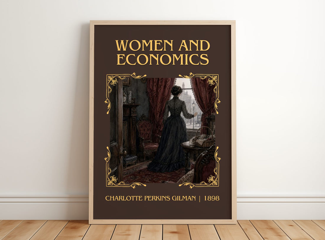 Women And Economics Classic Book Art Print by Charlotte Perkins Gilman – framed print leaning on a wooden floor